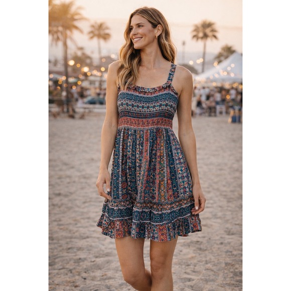 Angie Dresses & Skirts - Angie Multicolor Boho Mini Dress with Ruffle Hem